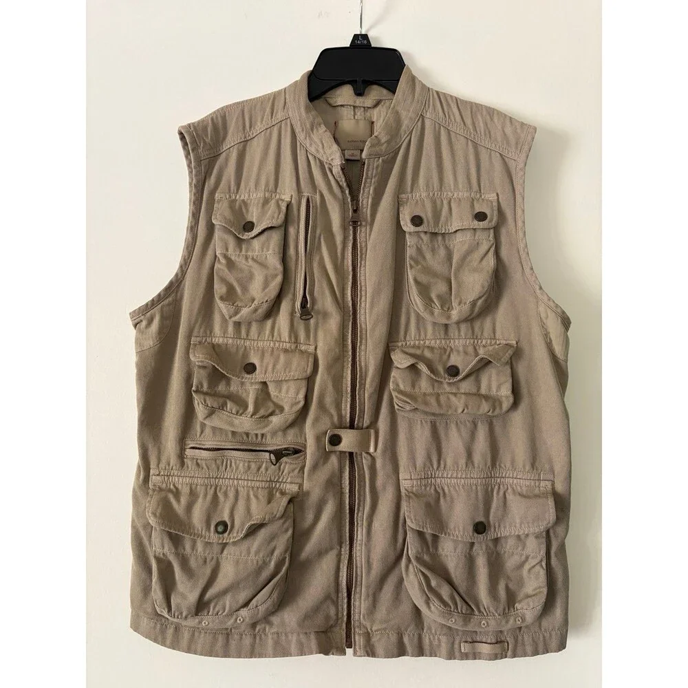 Banana Republic Vtg Safari Utility Vest M Khaki Herringbone Linen Ramie Gorpcore